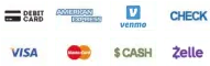 Accepted payment methods: credit and debit cards, check, Zelle, Venmo and cash